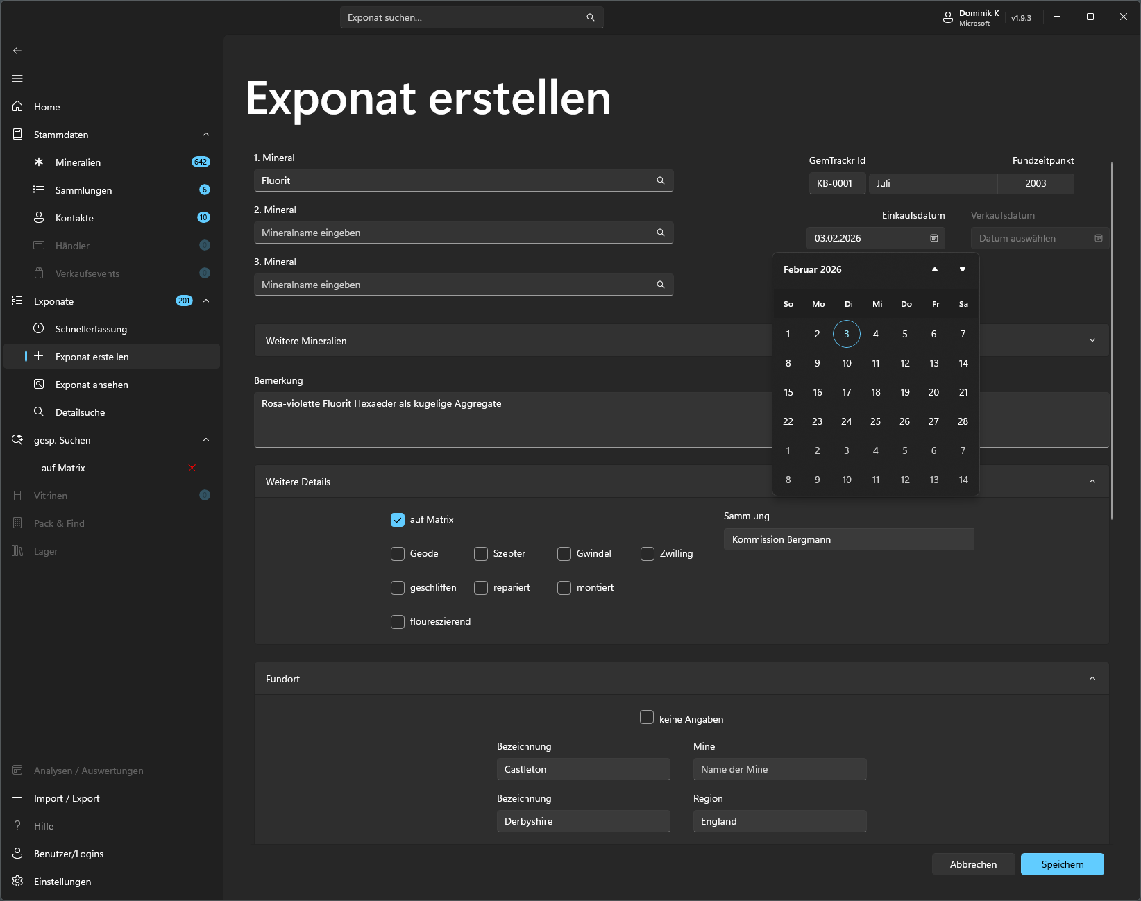 GemTrackr v2.0 Benutzeroberfläche – Exponat anlegen und verwalten